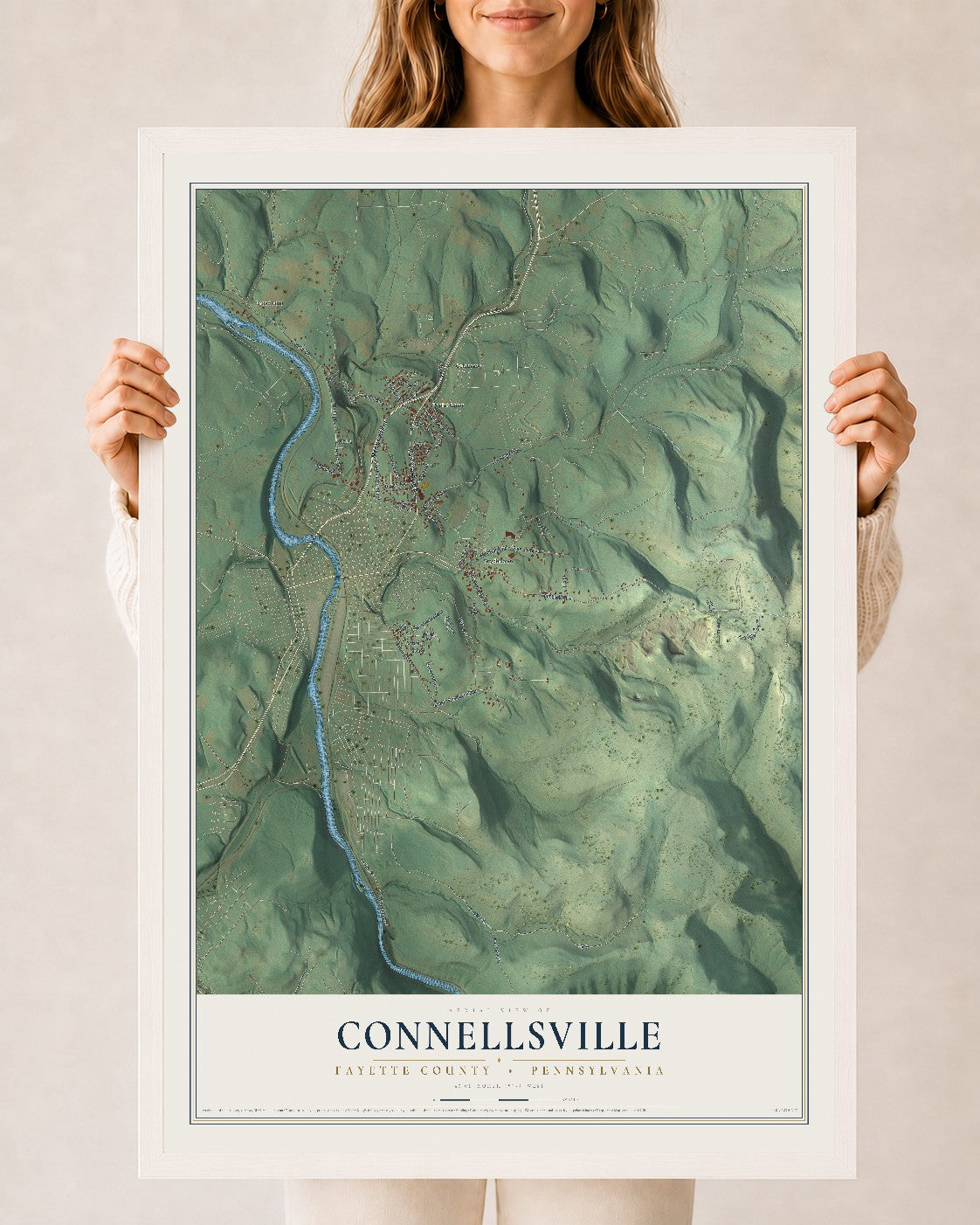 Map of Connellsville, Fayette County, Pennsylvania, 24 x 36 inch print in a white wood frame