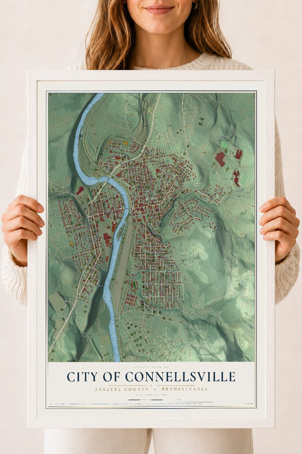 Map of the City of Connellsville, Fayette County, Pennsylvania, 18 x 24 inch print in a white wood frame