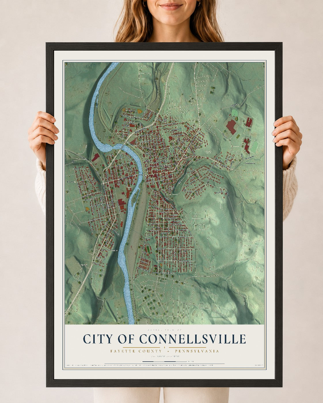 Map of the City of Connellsville, Fayette County, Pennsylvania, 24 x 36 inch print in a black wood frame