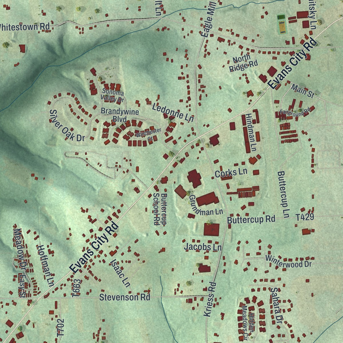 Close-up of the map of Connoquenessing, Butler County, Pennsylvania print showing street and building detail