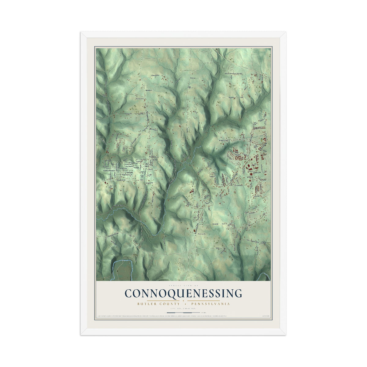 Map of Connoquenessing, Butler County, Pennsylvania, 12 x 18 inch print in a white wood frame