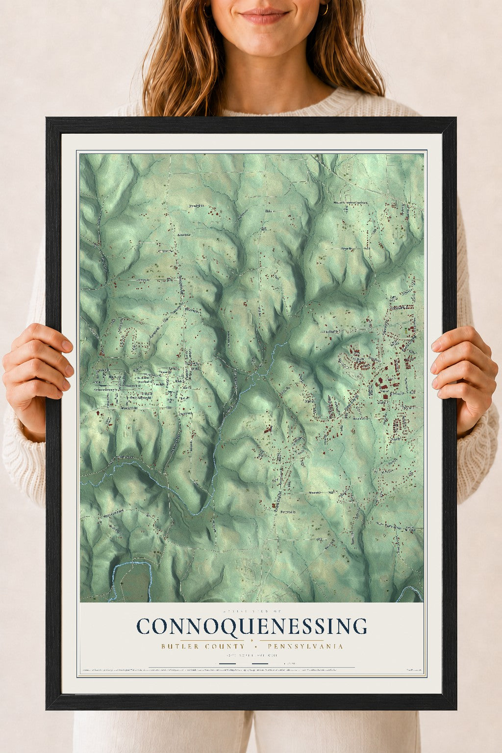 Map of Connoquenessing, Butler County, Pennsylvania, 18 x 24 inch print in a black wood frame