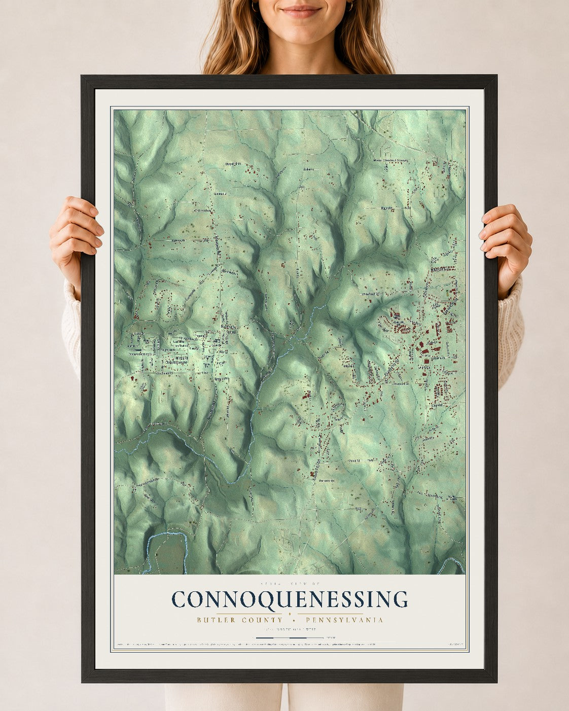 Map of Connoquenessing, Butler County, Pennsylvania, 24 x 36 inch print in a black wood frame