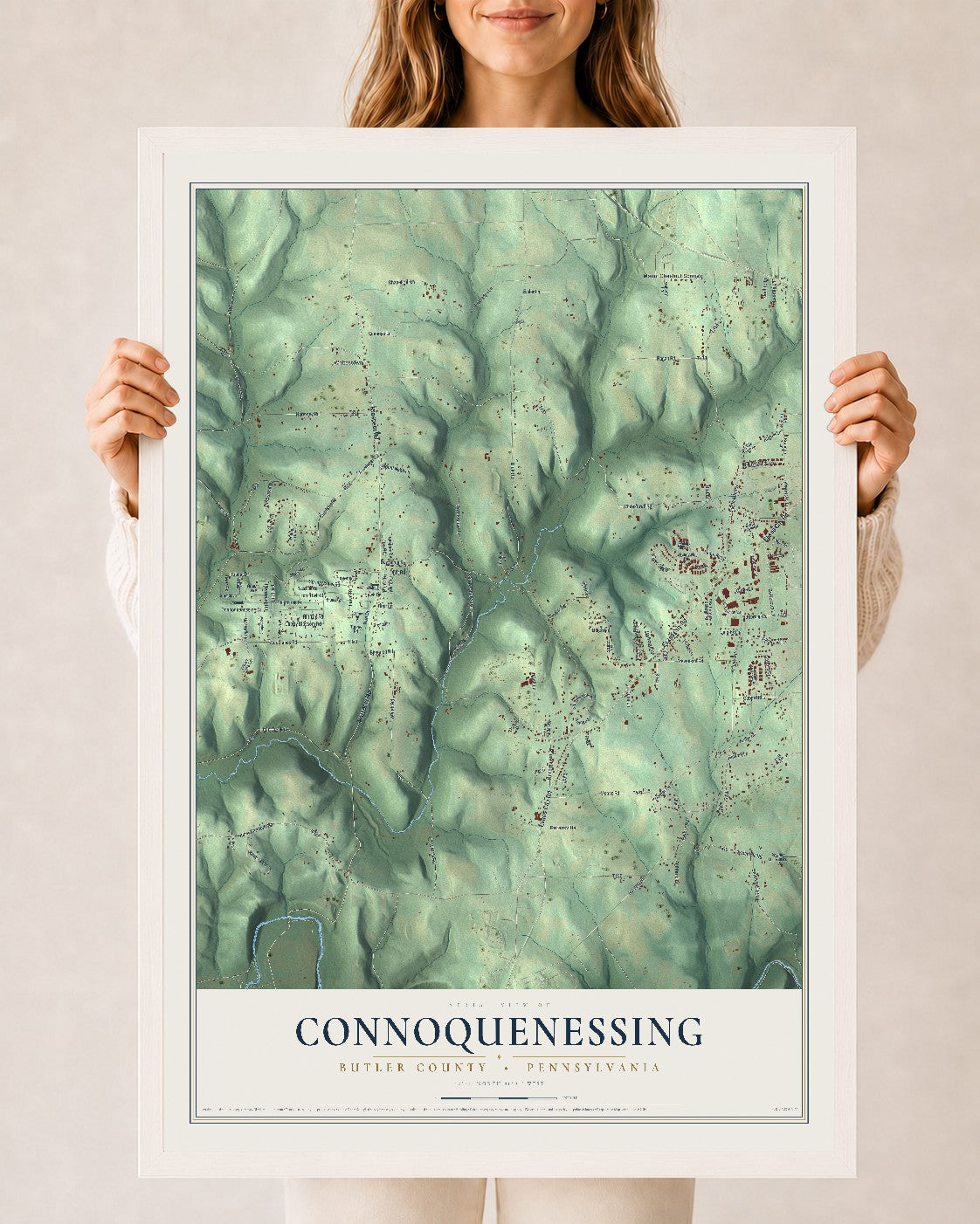 Map of Connoquenessing, Butler County, Pennsylvania, 24 x 36 inch print in a white wood frame
