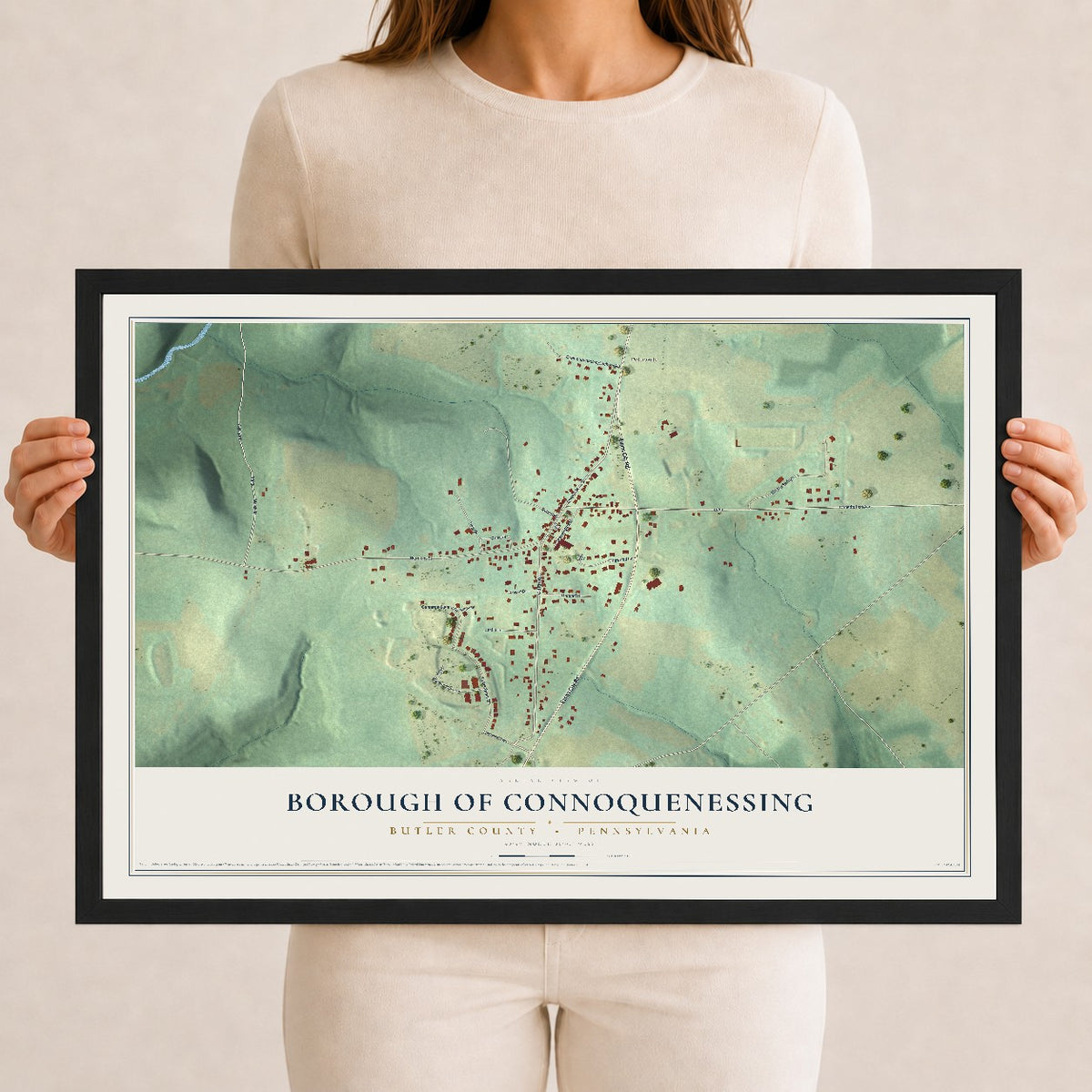 Map of the Borough of Connoquenessing, Butler County, Pennsylvania, 12 x 18 inch print in a black wood frame