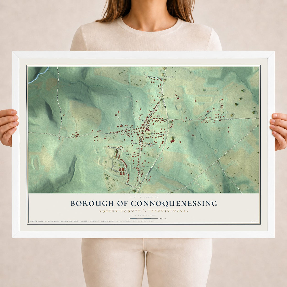 Map of the Borough of Connoquenessing, Butler County, Pennsylvania, 18 x 24 inch print in a white wood frame