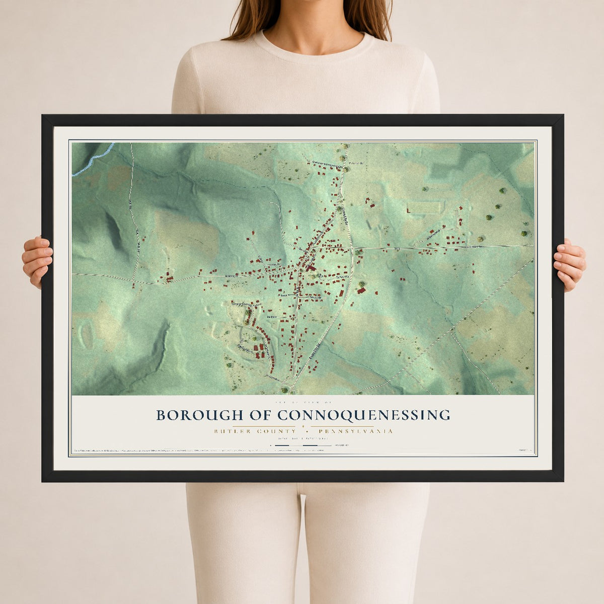Map of the Borough of Connoquenessing, Butler County, Pennsylvania, 24 x 36 inch print in a black wood frame