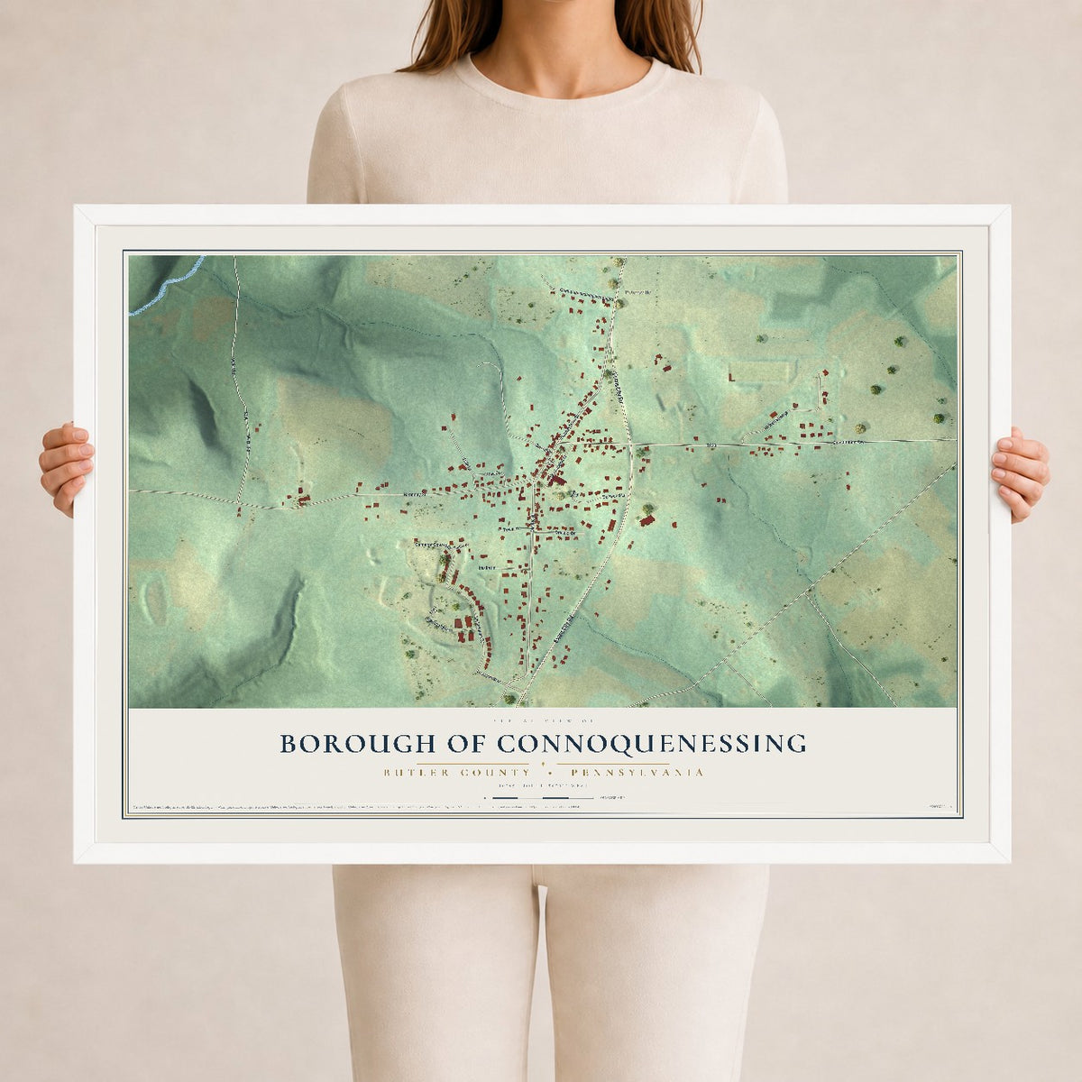 Map of the Borough of Connoquenessing, Butler County, Pennsylvania, 24 x 36 inch print in a white wood frame