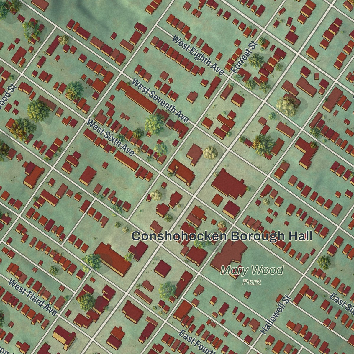 Close-up of the map of Conshohocken, Pennsylvania print showing street and building detail