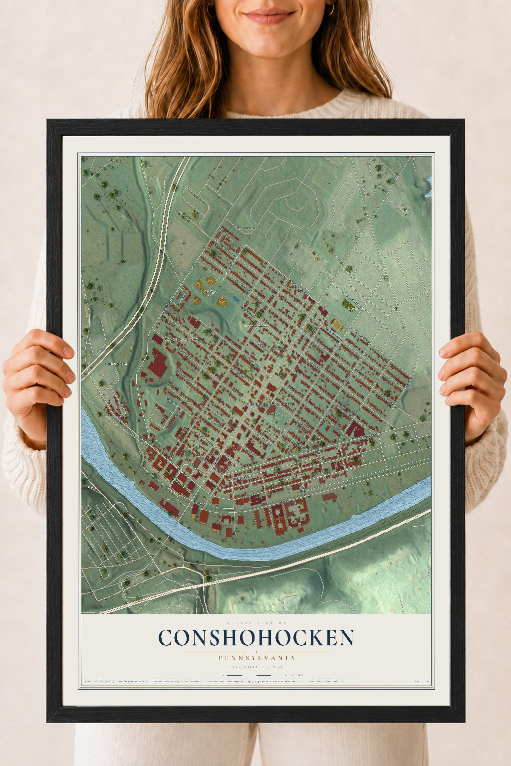 Map of Conshohocken, Pennsylvania, 18 x 24 inch print in a black wood frame