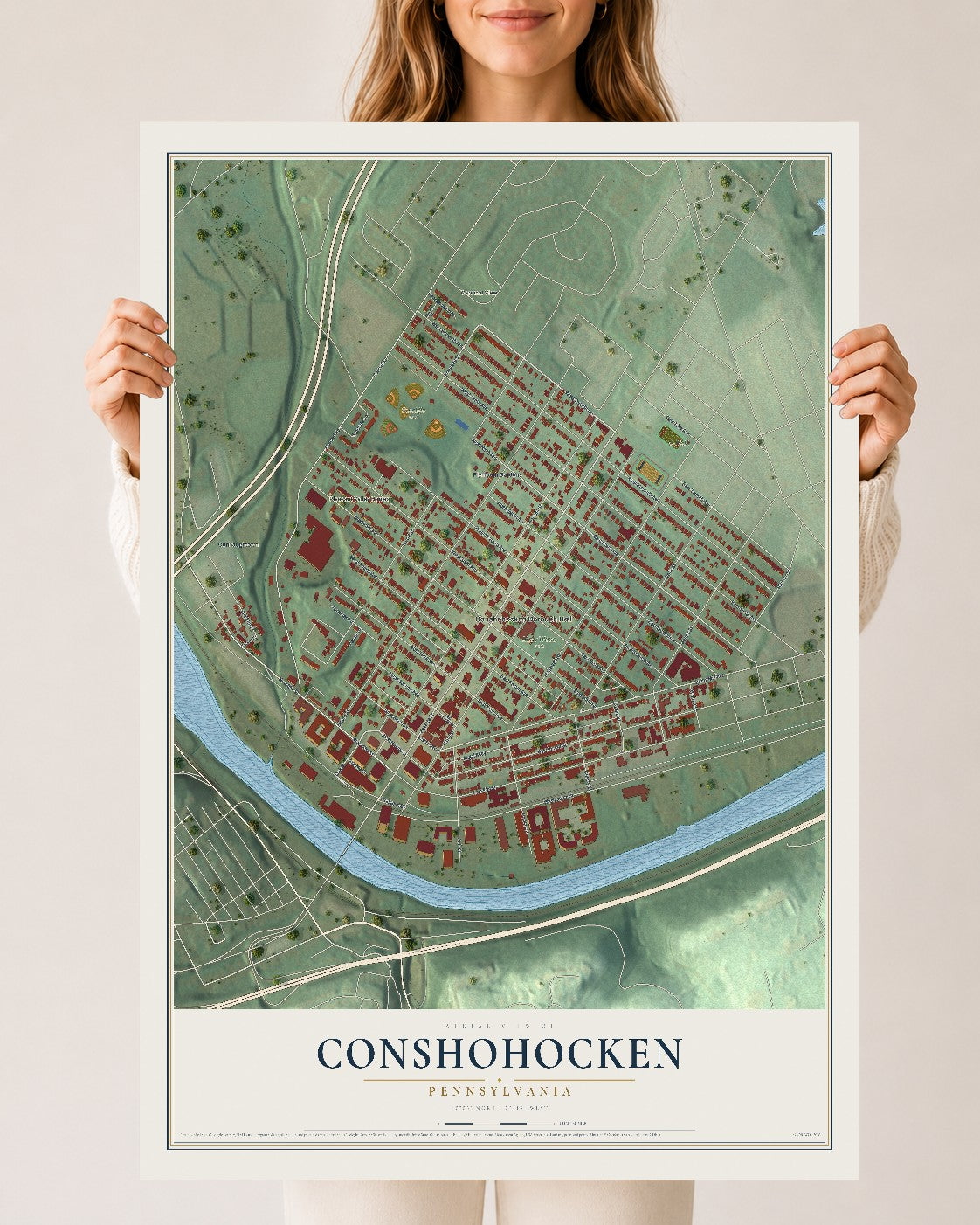 Map of Conshohocken, Pennsylvania, 24 x 36 inch unframed archival matte print
