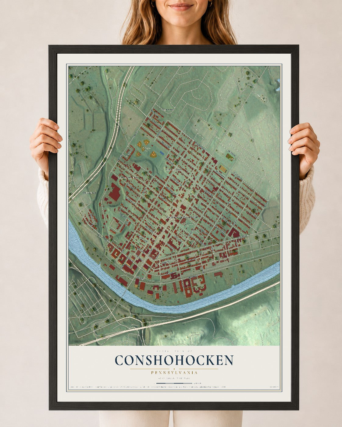 Map of Conshohocken, Pennsylvania, 24 x 36 inch print in a black wood frame