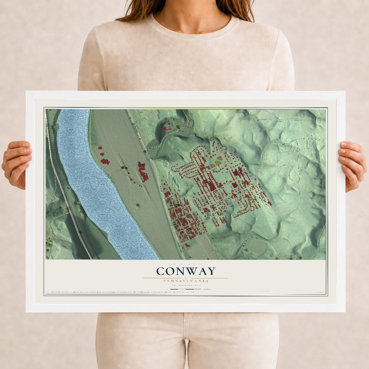 Map of Conway, Pennsylvania, 12 x 18 inch print in a white wood frame