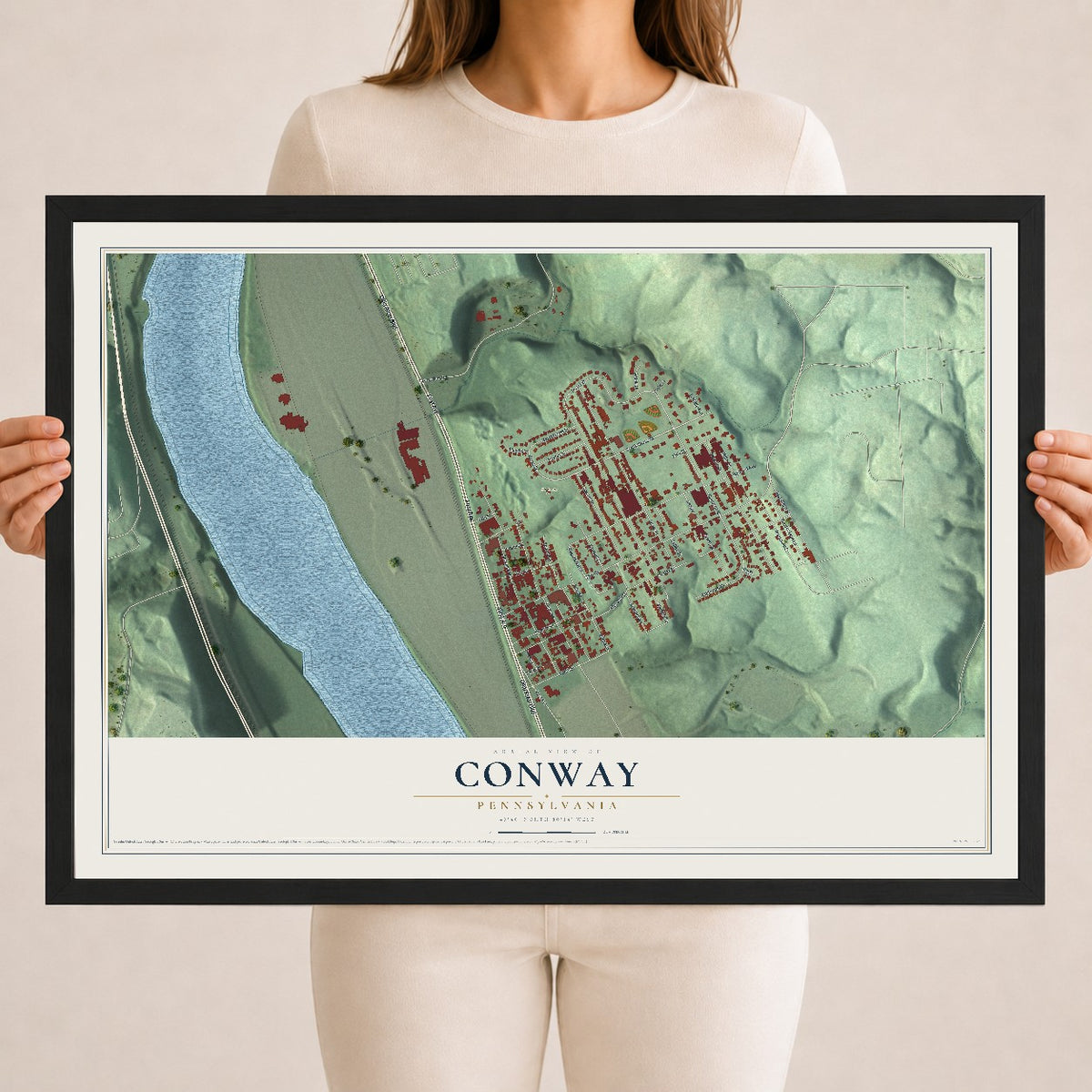Map of Conway, Pennsylvania, 18 x 24 inch print in a black wood frame