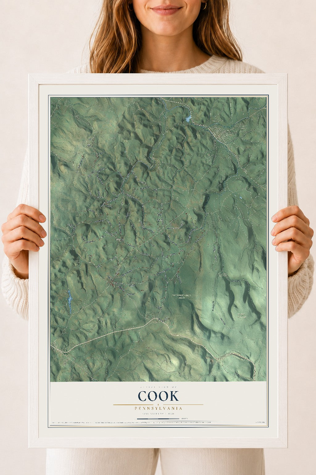 Map of Cook, Pennsylvania, 18 x 24 inch print in a white wood frame