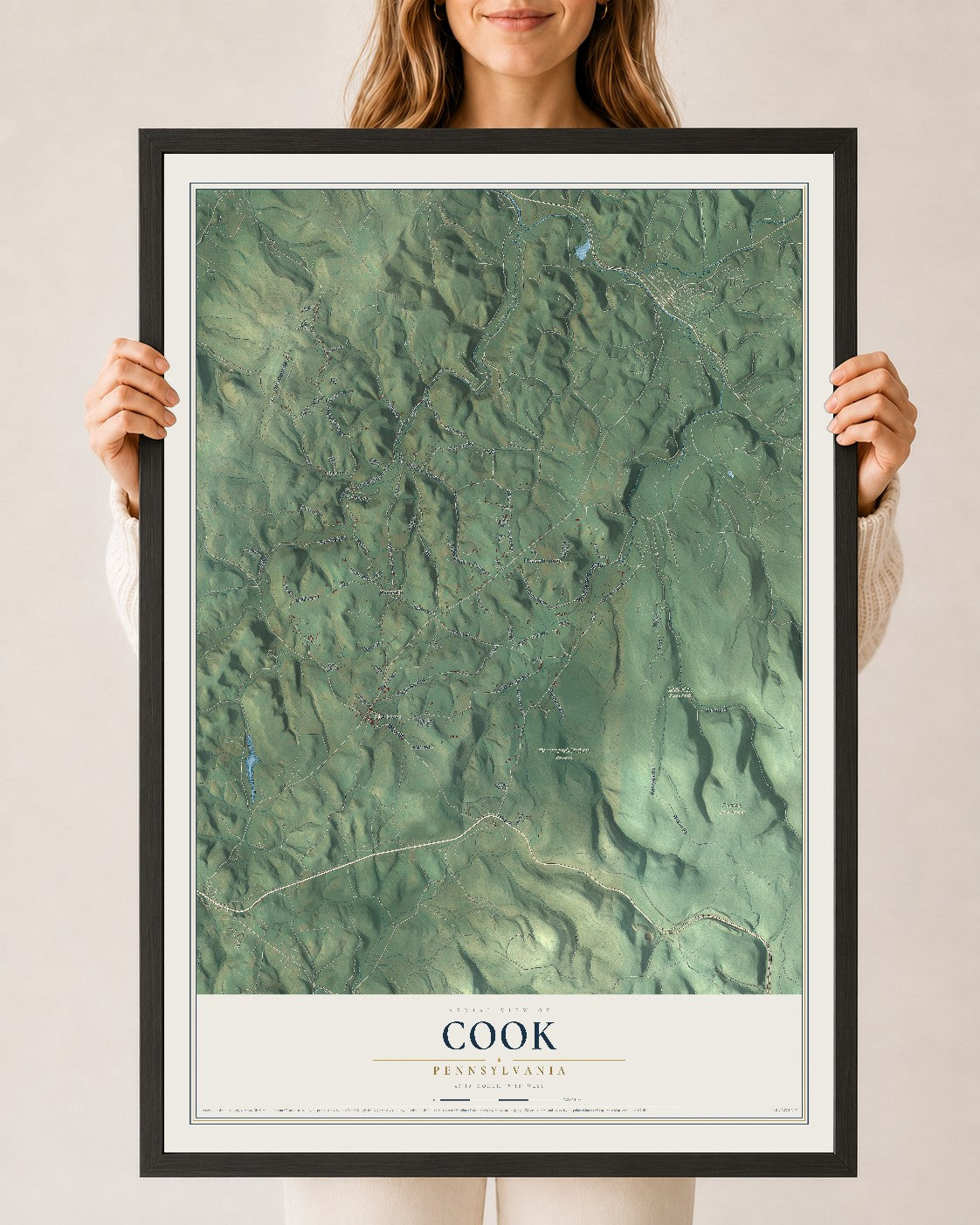 Map of Cook, Pennsylvania, 24 x 36 inch print in a black wood frame