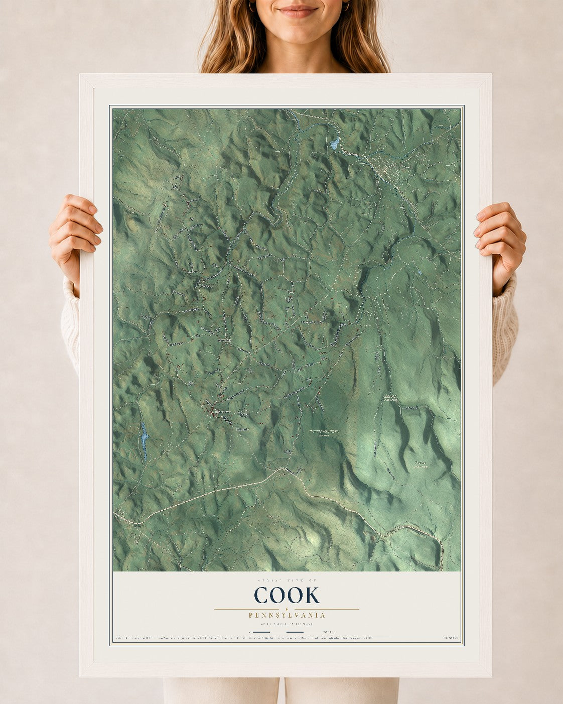 Map of Cook, Pennsylvania, 24 x 36 inch print in a white wood frame