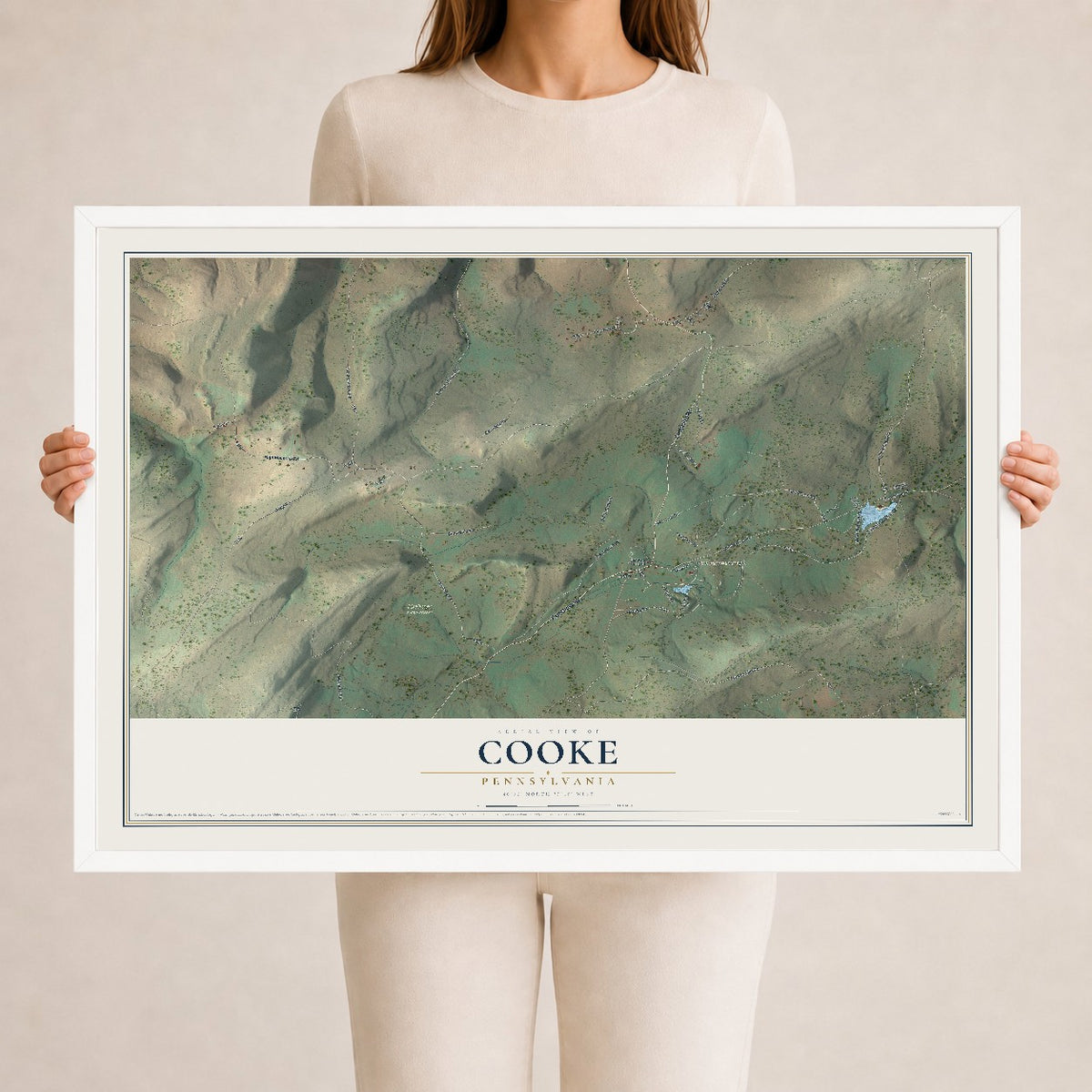 Map of Cooke, Pennsylvania, 24 x 36 inch print in a white wood frame