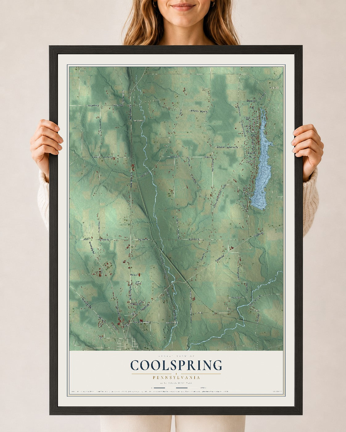 Map of Coolspring, Pennsylvania, 24 x 36 inch print in a black wood frame