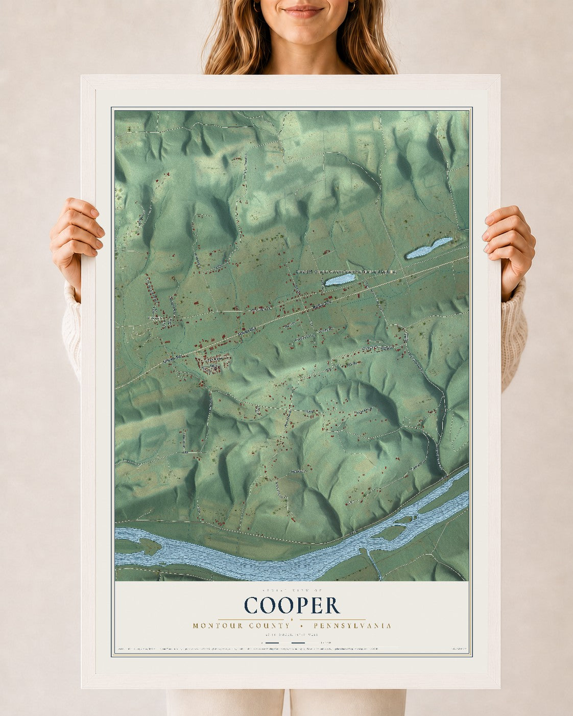 Map of Cooper, Montour County, Pennsylvania, 24 x 36 inch print in a white wood frame