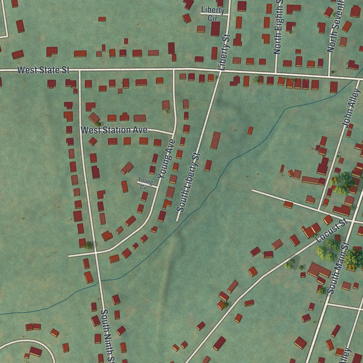 Second close-up of the map of Coopersburg, Pennsylvania print showing more streets and buildings