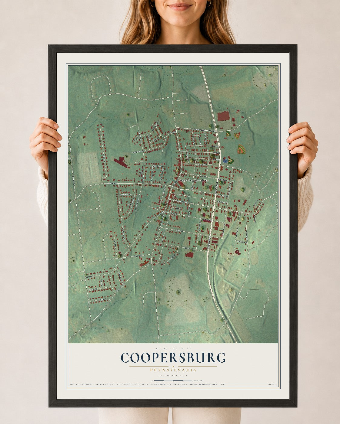 Map of Coopersburg, Pennsylvania, 24 x 36 inch print in a black wood frame