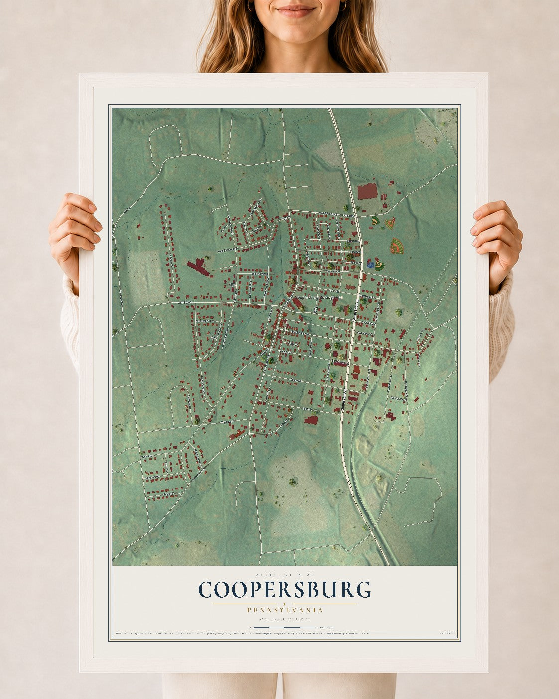 Map of Coopersburg, Pennsylvania, 24 x 36 inch print in a white wood frame