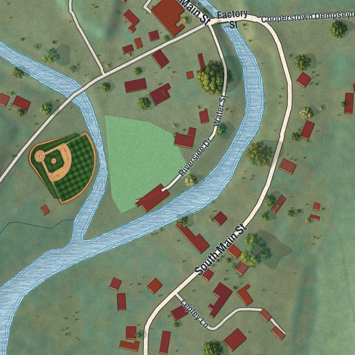 Second close-up of the map of Cooperstown, Pennsylvania print showing more streets and buildings