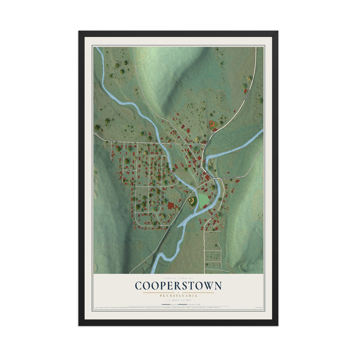 Map of Cooperstown, Pennsylvania, 12 x 18 inch print in a black wood frame
