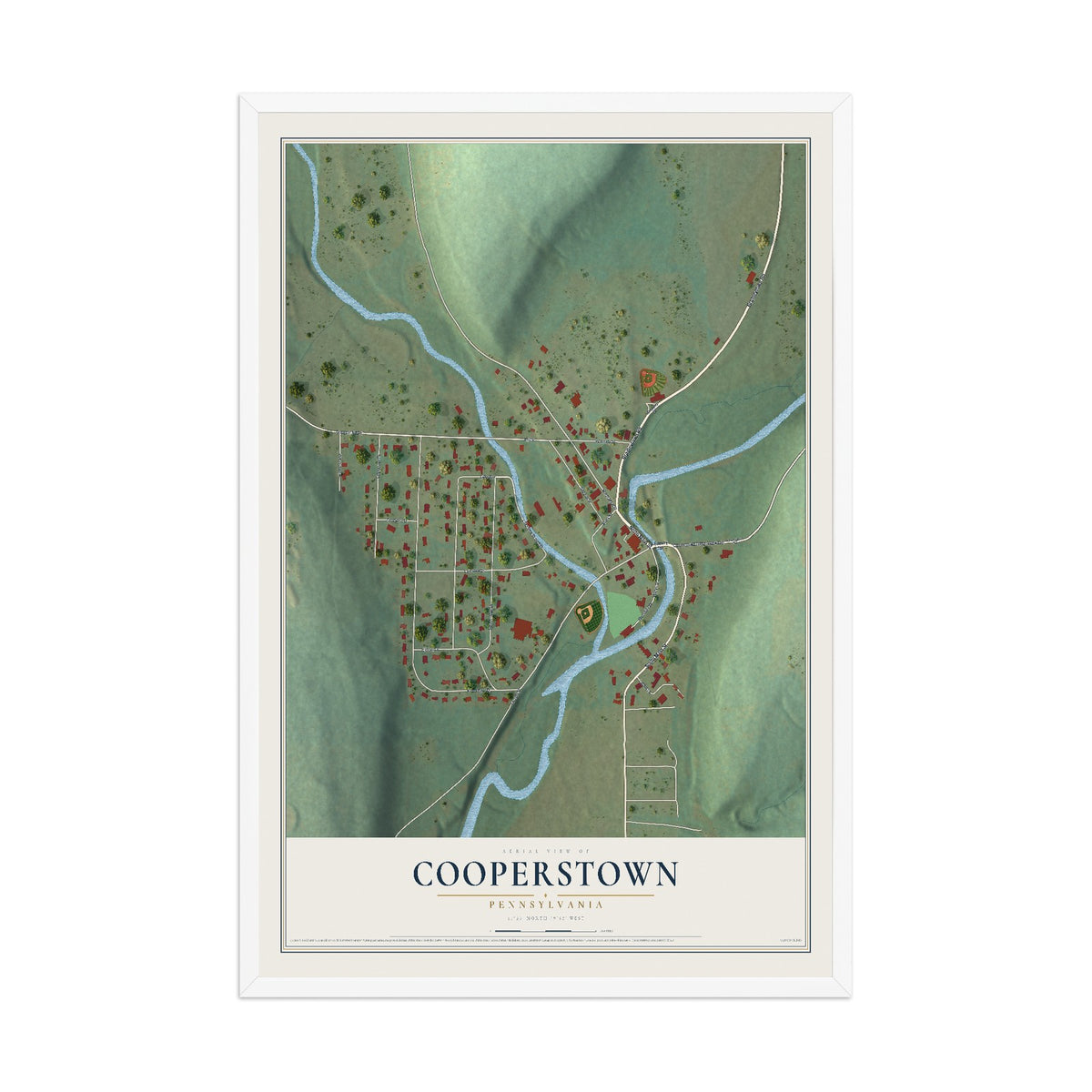 Map of Cooperstown, Pennsylvania, 12 x 18 inch print in a white wood frame