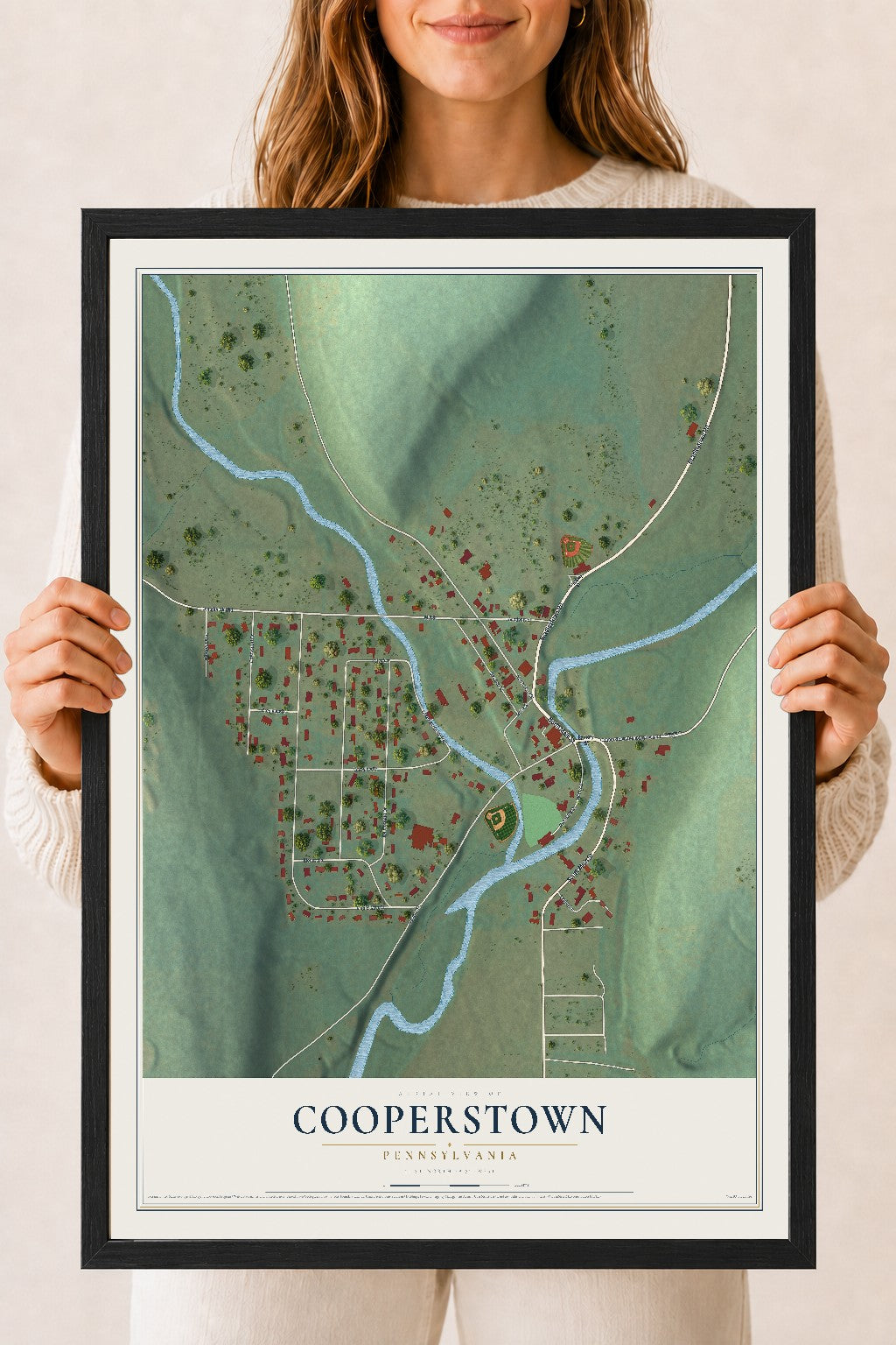 Map of Cooperstown, Pennsylvania, 18 x 24 inch print in a black wood frame