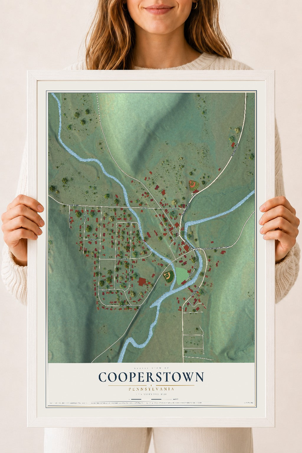 Map of Cooperstown, Pennsylvania, 18 x 24 inch print in a white wood frame