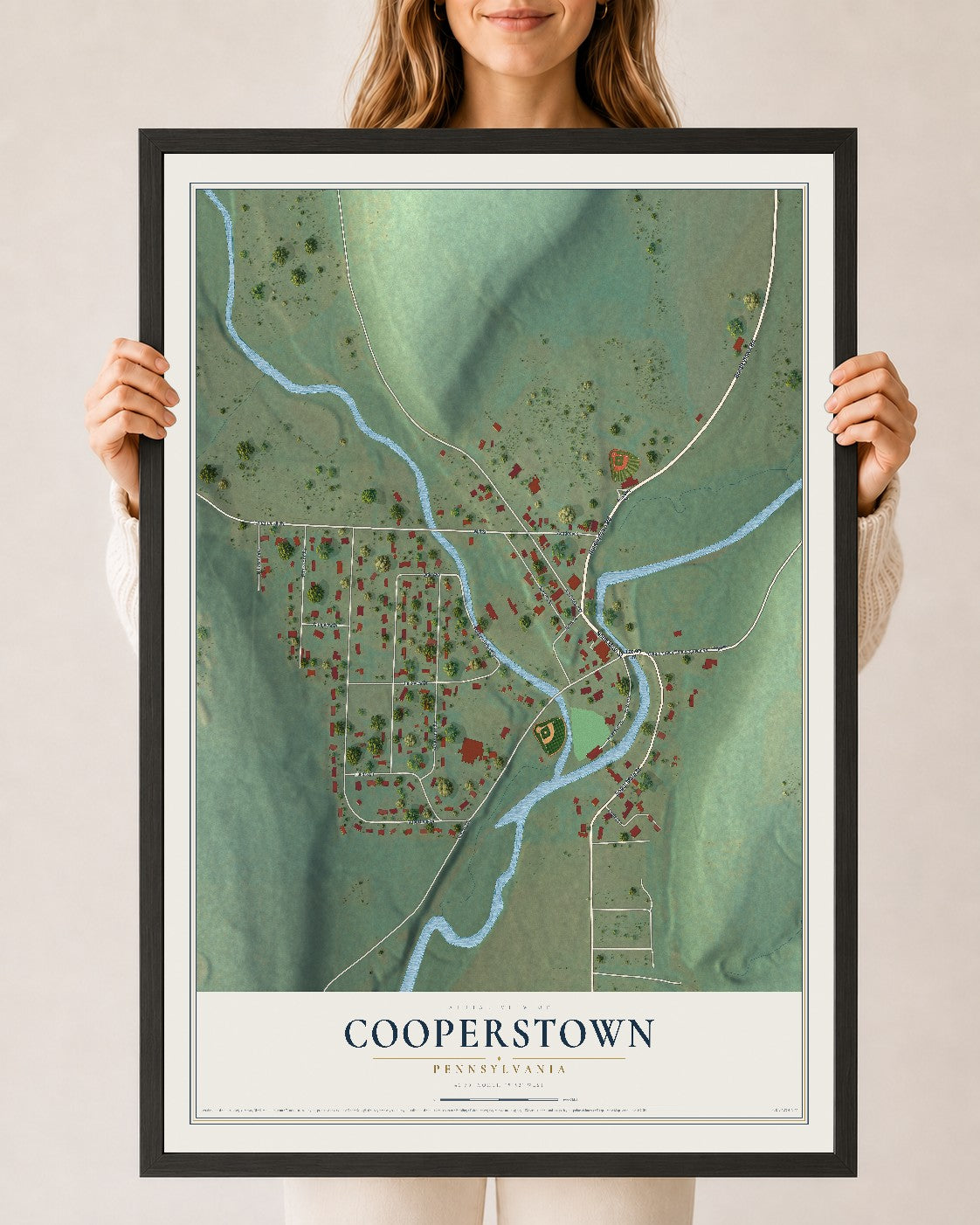 Map of Cooperstown, Pennsylvania, 24 x 36 inch print in a black wood frame