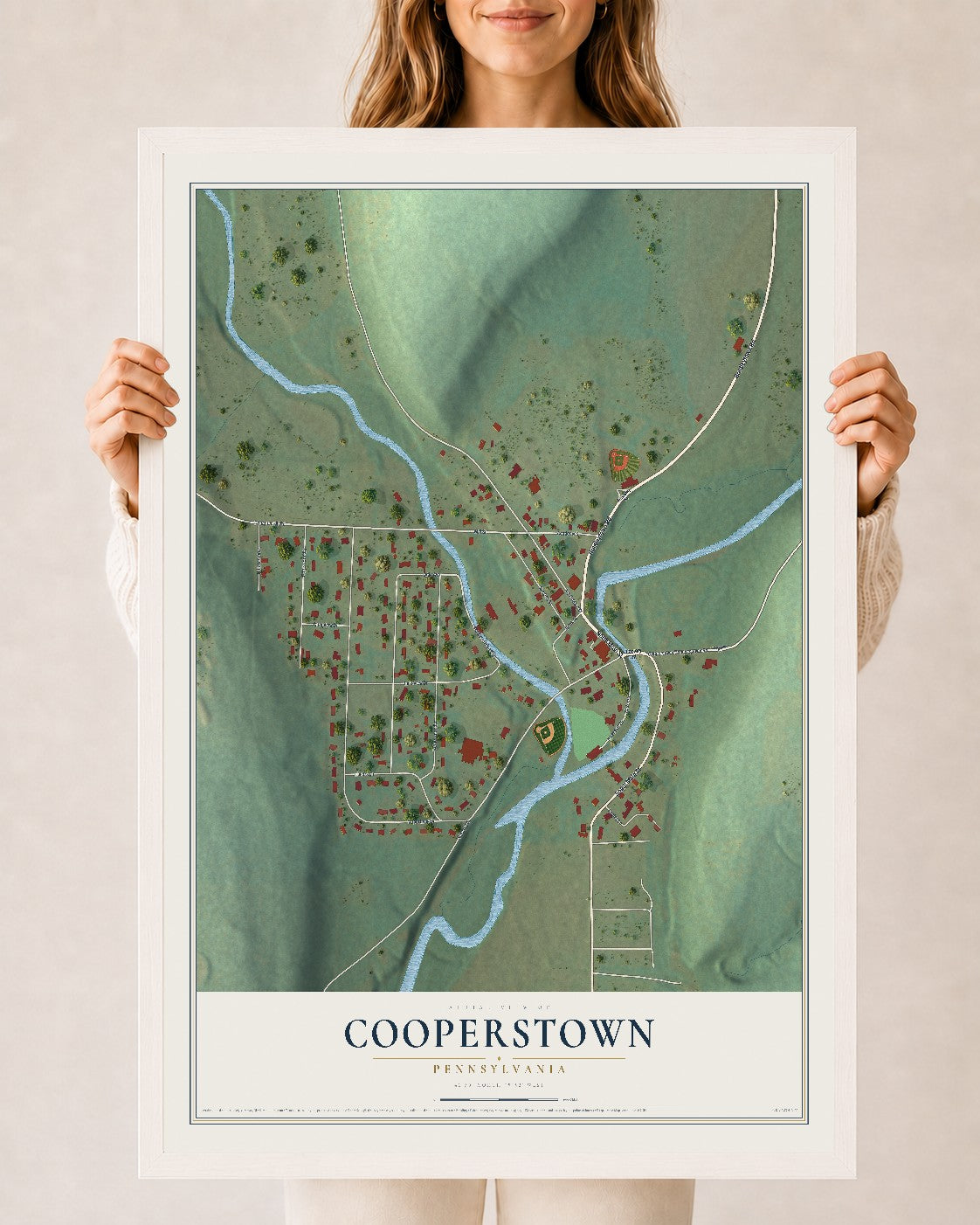 Map of Cooperstown, Pennsylvania, 24 x 36 inch print in a white wood frame