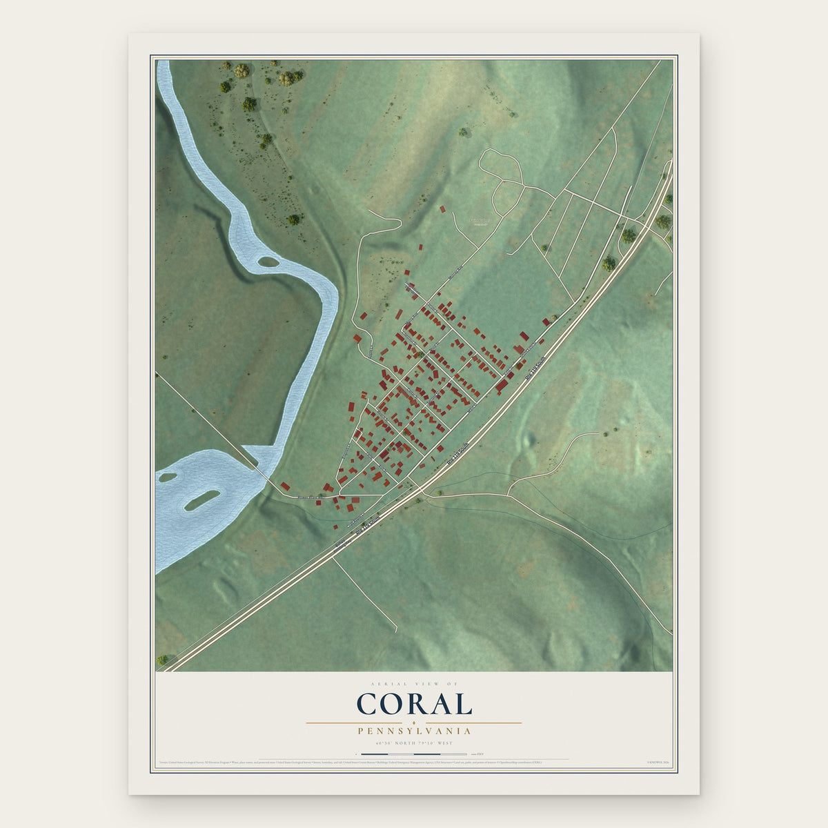 Coral, Pennsylvania map print, the full design