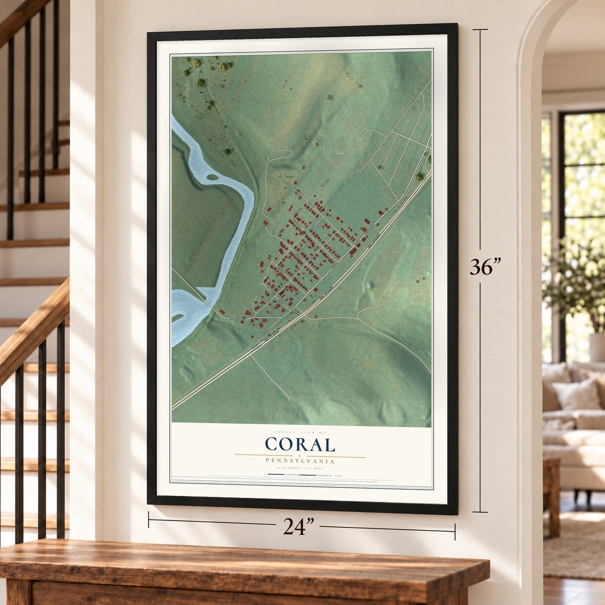 Coral, Pennsylvania map, 24 x 36 inch print in a black frame by a staircase