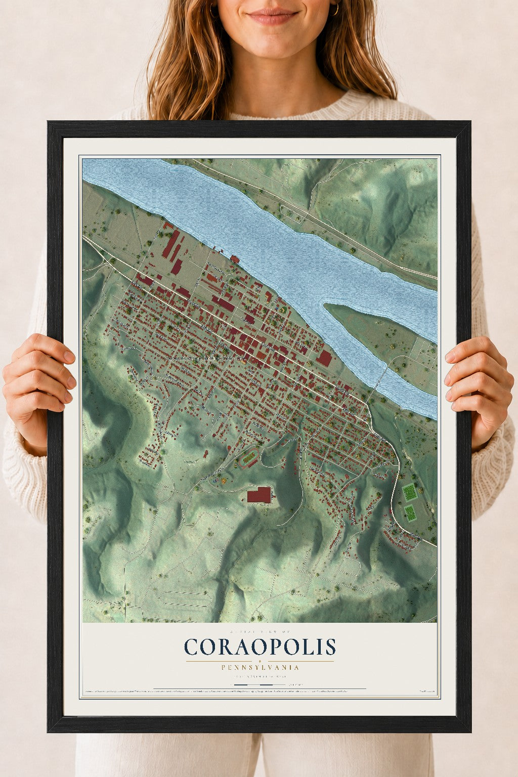 Map of Coraopolis, Pennsylvania, 18 x 24 inch print in a black wood frame