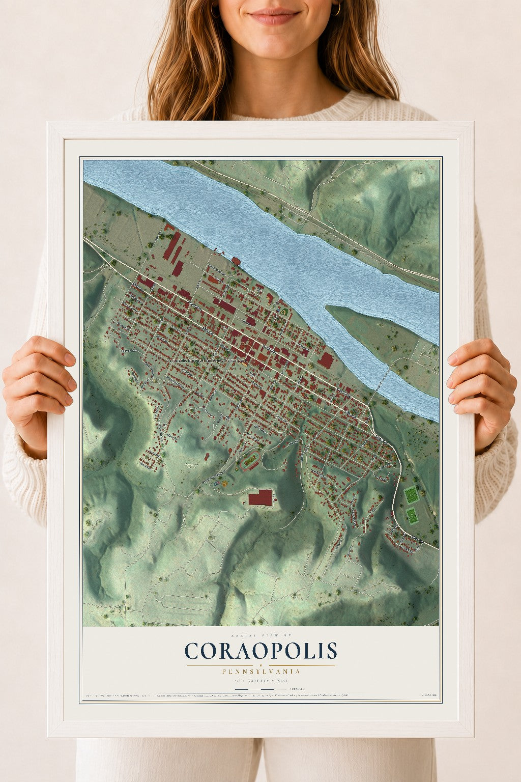 Map of Coraopolis, Pennsylvania, 18 x 24 inch print in a white wood frame