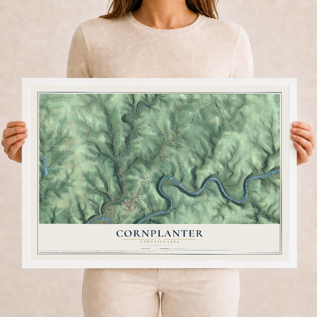 Map of Cornplanter, Pennsylvania, 12 x 18 inch print in a white wood frame