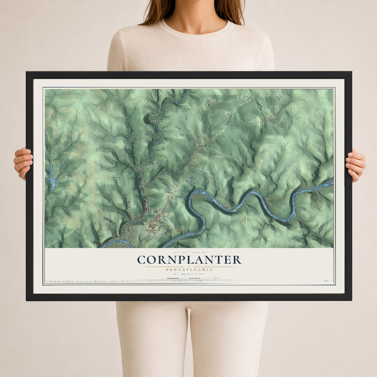 Map of Cornplanter, Pennsylvania, 24 x 36 inch print in a black wood frame