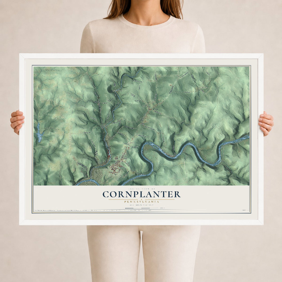 Map of Cornplanter, Pennsylvania, 24 x 36 inch print in a white wood frame