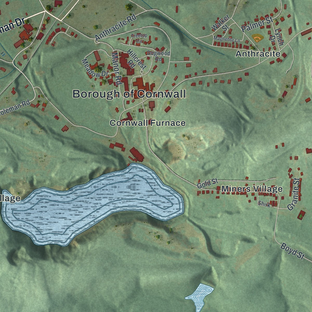 Close-up of the map of Cornwall, Pennsylvania print showing street and building detail