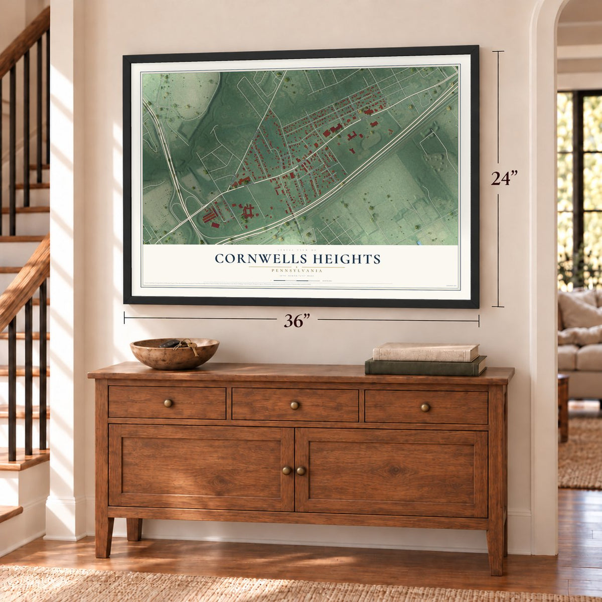 Cornwells Heights, Pennsylvania map, 24 x 36 inch print in a black frame above a dresser by a staircase