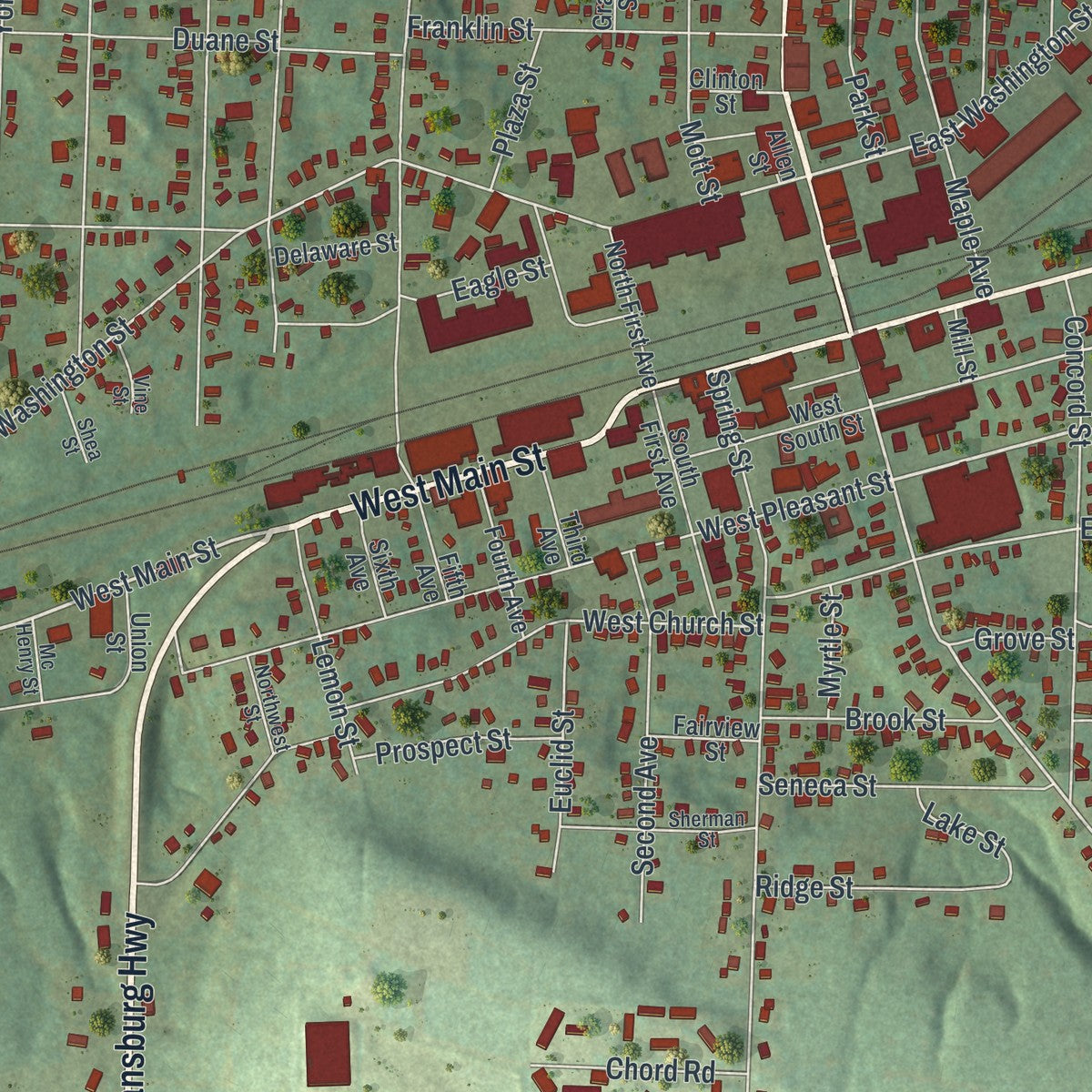 Close-up of the map of Corry, Pennsylvania print showing street and building detail
