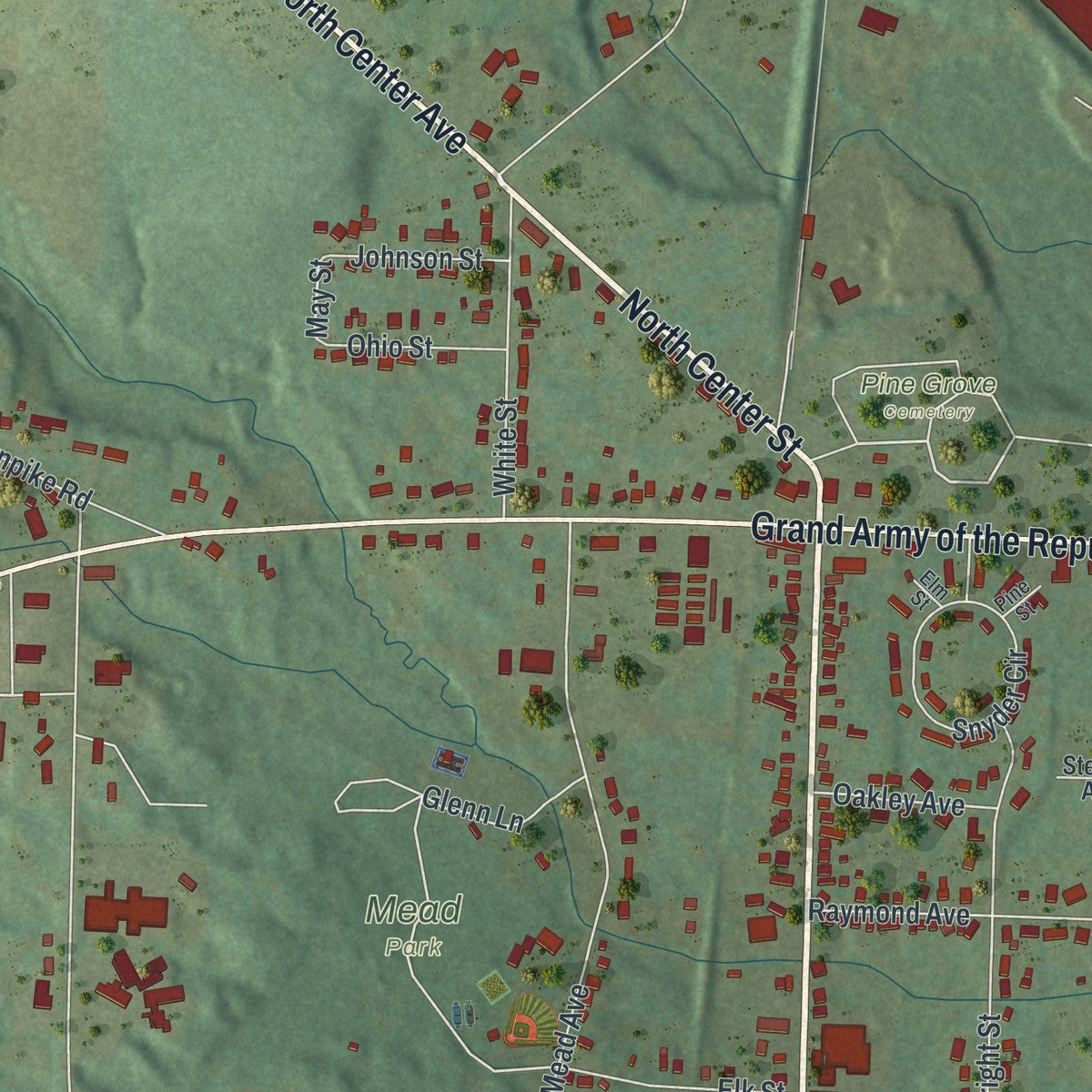 Second close-up of the map of Corry, Pennsylvania print showing more streets and buildings