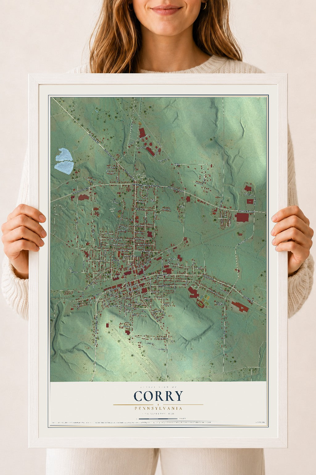 Map of Corry, Pennsylvania, 18 x 24 inch print in a white wood frame