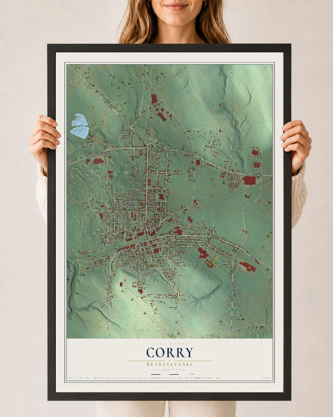 Map of Corry, Pennsylvania, 24 x 36 inch print in a black wood frame