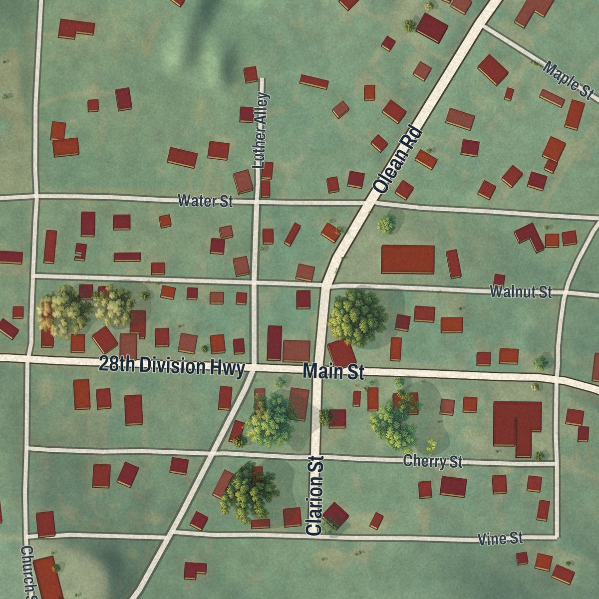 Close-up of the map of Corsica, Pennsylvania print showing street and building detail