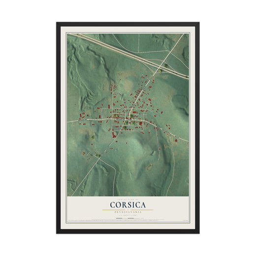 Map of Corsica, Pennsylvania, 12 x 18 inch print in a black wood frame
