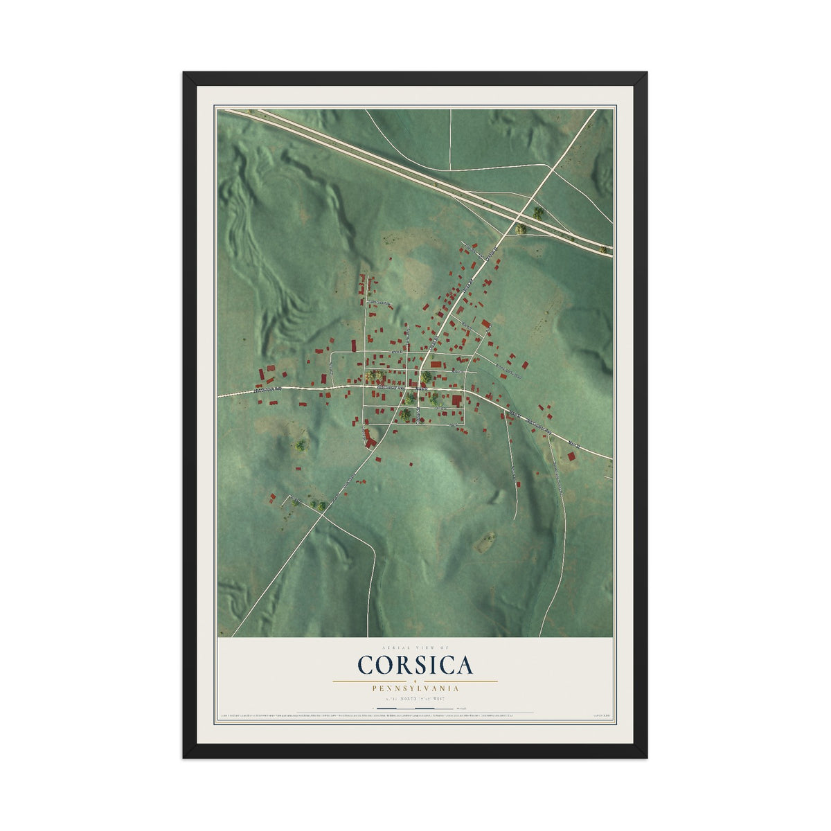Map of Corsica, Pennsylvania, 12 x 18 inch print in a black wood frame